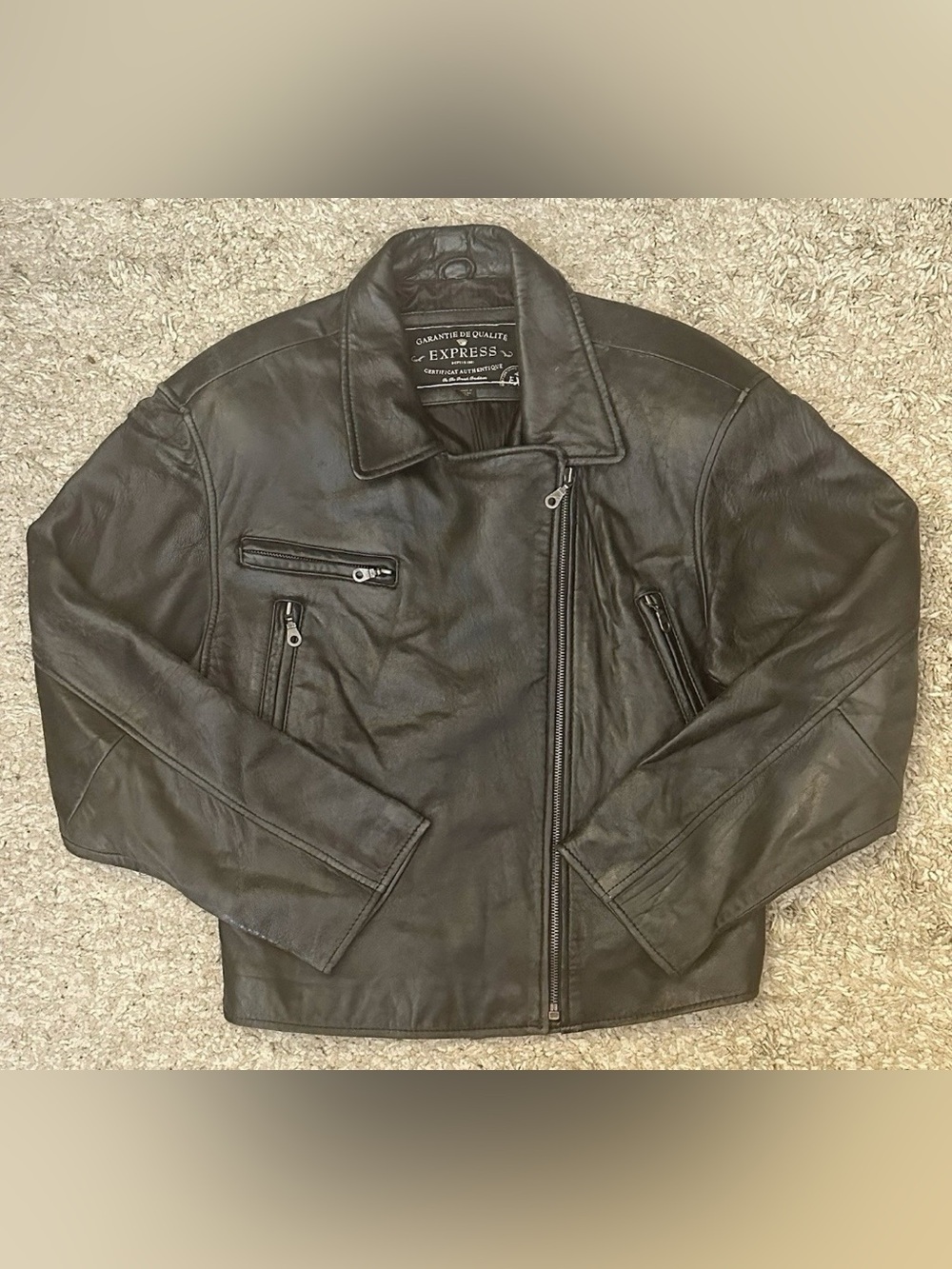 Express Women’s M Black Genuine Leather 3Pocket Slant Full Zip Motorcycle Jacket